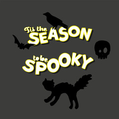 Obraz premium Happy Halloween illustrations. Vector illustrations in flat style. Cartoon devil in different emotions, black cute cat in hat, ghosts with candy and silhouette of crow, skull and bat. Spooky art