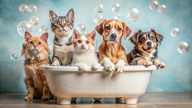 Adorable ensemble of dogs and cats surrounded by abundant soap suds in a whimsical animal bath time scenario, utterly smeared.