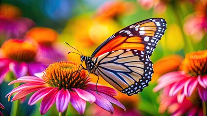 Obraz premium Close up of a colorful butterfly resting on a vibrant flower, insect, wings, beauty, nature, close-up, vibrant, colorful