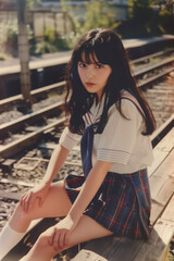 nostalgic photo of japanese schoolgirl on train tracks