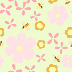 Floral seamless pattern. Pink flowers and bees on a soft green background.