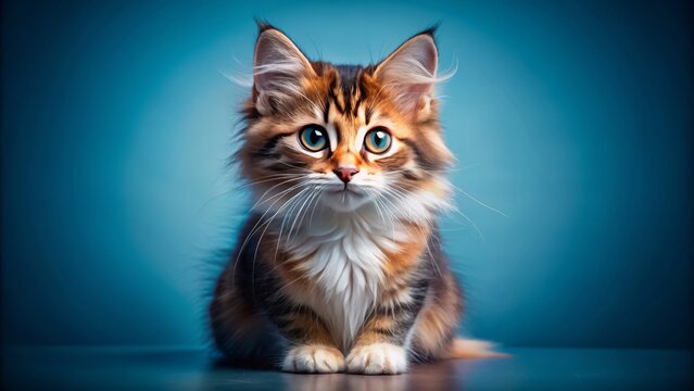 Photorealistic portrait of 10-month-old female calico or torbie kitten sitting on blue background, gazing directly at camera with adorable innocence.
