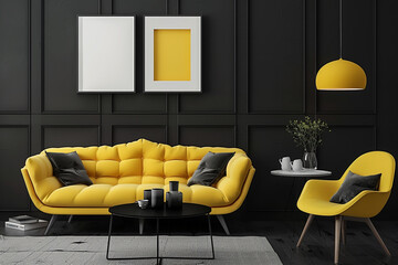 Bold Black and Vibrant Yellow Living Room black wall mockup Interior 3D Design