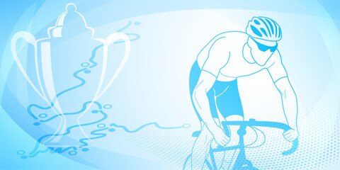 Cycling themed background in light blue colors with sport symbols such as an athlete cyclist, cup and a bike race route, as well as abstract curves and dots