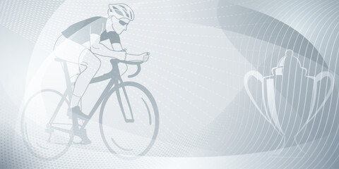 Cycling themed background in gray colors with sport symbols such as an athlete cyclist and a cup, as well as abstract curves and dots