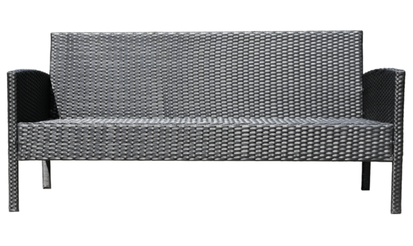 Garden sofa furniture made of artificial woven plastic rattan isolated on a transparent background. Front view.