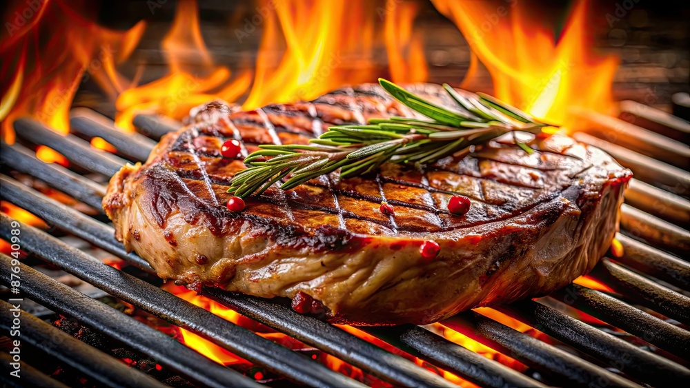 Poster Juicy steak sizzling on the grill, grilling, barbecue, cooking, meat, food, tasty, delicious, medium rare, flames, smoke, outdoor