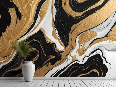 An abstract wall in black, white and gold colors, a white flower pot placed next to the wall