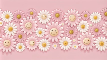 Obraz premium Whimsical horizontal border design featuring joyful smiley face daisies in soft pink hues, perfect for uplifting greeting cards and posters.