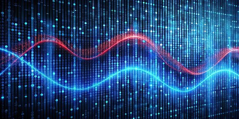 of waves in a blue matrix code structure with red dangerous code lines, technology, digital, abstract, cyber, computer