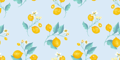 Obraz premium Blooming yellow lemons on branch with leaves scattered randomly on a seamless pattern. Vector hand drawing illustration. Abstract artistic citrus fruit repeated printing on a blue background.