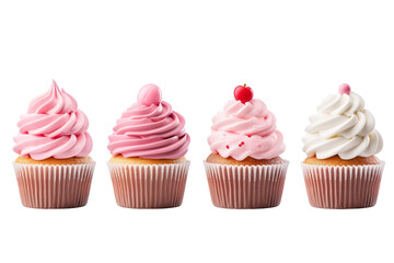 A Row of Delectable Cupcakes With Whimsical Frosting and Toppings on a White or Clear Surface PNG Transparent Background