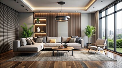Sleek and stylish modern living room interior, minimalistic, contemporary, chic, elegant, comfortable, furniture