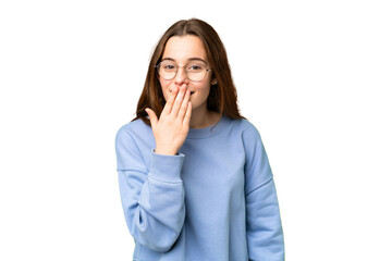 Teenager girl over isolated chroma key background happy and smiling covering mouth with hand