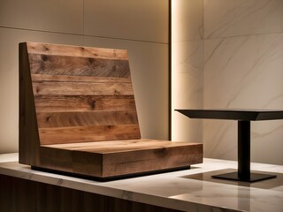 A picture of a bench made of wood and a table made of wood next to it. Beautiful lighting. interior desing.