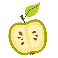 Apple cut half. Fruit cross section with seeds, fresh flesh, stem and leaf. Healthy vitamin food piece. Organic ripe eating. Flat vector illustration isolated on white background