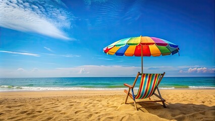 Comfortable beach chair under a colorful parasol on a sunny day at the beach, beach, chair, colorful, parasol, relaxation, summer