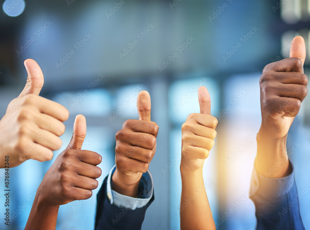Poster employees, people and hands with thumbs up in office for agreement, approval and teamwork. business,