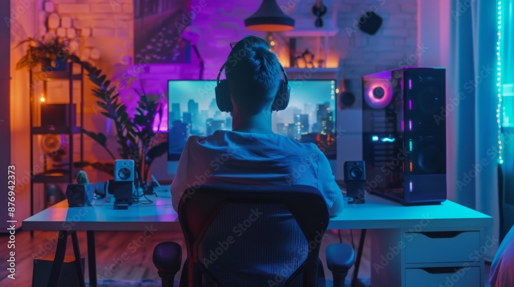 Poster a person wearing headphones sits in front of a computer with a cityscape on the screen, playing a ga