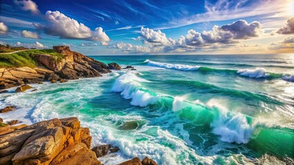 Scenic coastal view with turquoise waves crashing against rocky shoreline under a bright sky, Coastline, ocean, waves, turquoise