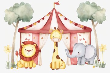 Cute watercolor illustration of a circus tent with a lion, giraffe, and elephant, surrounded by trees and flowers.