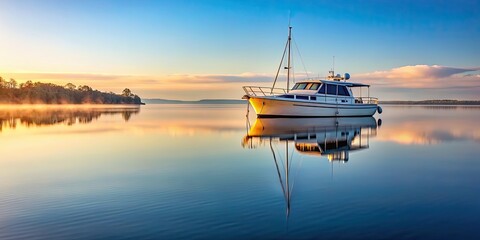 Naklejka premium Tranquil morning with modern vessel reflection on calm water , tranquility, peaceful, serene, dawn, sunrise, reflection, modern
