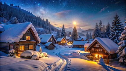 Nightfall Glow in the Snowy Village , winter, night, illuminated, cozy, quaint, charming, peaceful, snow-covered, village