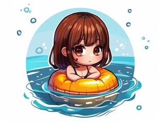Naklejka premium Adorable Chibi Illustration of a Girl caught in the current on a buoy, in need of rescue.