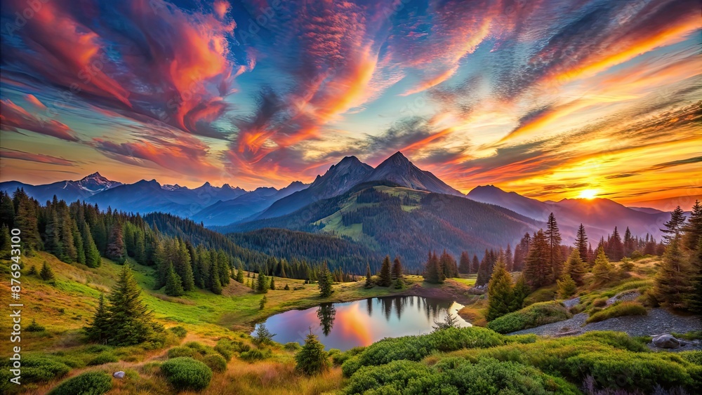 Sticker Beautiful mountain view with colorful sunset sky above, creating a stunning and serene landscape, mountain, sunset, view