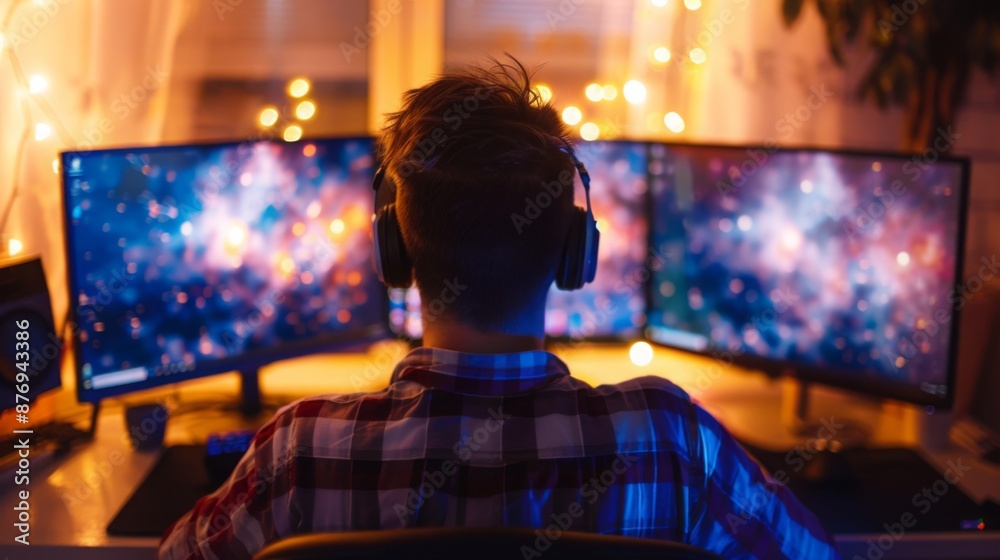 Aufkleber A person with headphones on sits in front of three computer monitors, lit by string lights in the background.