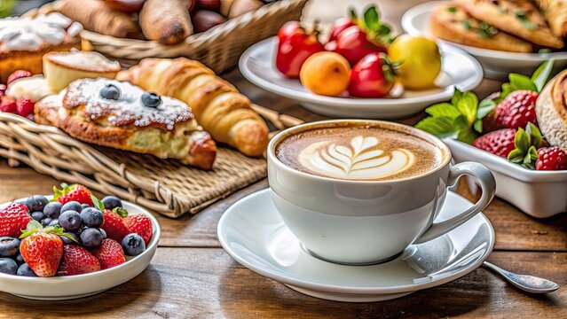Close-up of an Italian breakfast spread with cappuccino, biscotti, fresh fruits, and a pastry on an elegant cafe table
