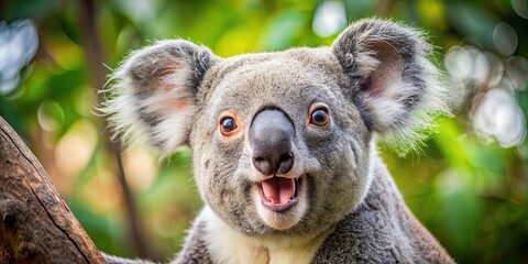 Fototapeta premium A funny and playful koala caught in a hilarious moment, koala, cute, humorous, amusing, wildlife, Australia, eucalyptus, tree