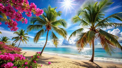 Fototapeta premium Vibrant beach scene with palm trees and pink flowers swaying in sunlight against blue sky, beach, vibrant