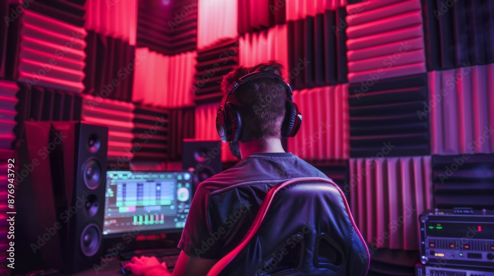 Poster a man sits in a red-lit studio, wearing headphones and facing a computer screen. he appears to be wo