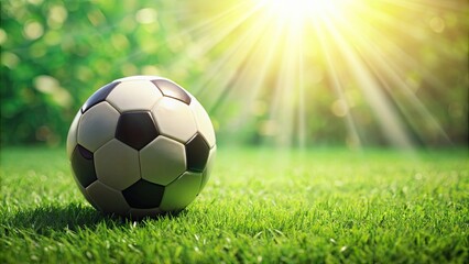 Fototapeta premium Soccer ball on lush green grass , sports, football, recreation, outdoor, game, competition, round, equipment, field, green