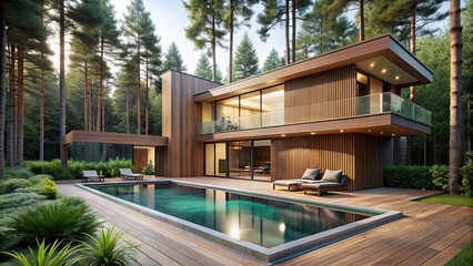 Obraz premium Wood-sided modern house with pool and forest , architecture, design, exterior, property, home, luxury, swimming pool