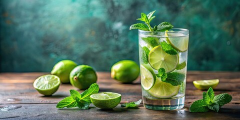 Cold and refreshing infused water with lime, mint, and ice in glass , infused water, lime, mint, ice, glass, refreshing, drink