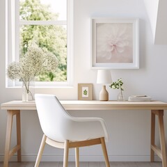 white modern desk sits in the middle of an empty room with a parquet floor