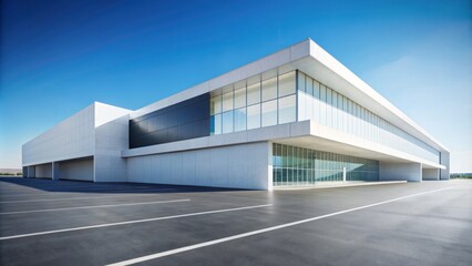 Fototapeta premium Modern abstract white building with sleek design stands against clear blue sky surrounded by vast empty concrete parking space.