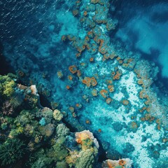 A coral reef seen from above with clear blue waters and vibrant marine life offers a breathtaking glimpse into the underwater world.