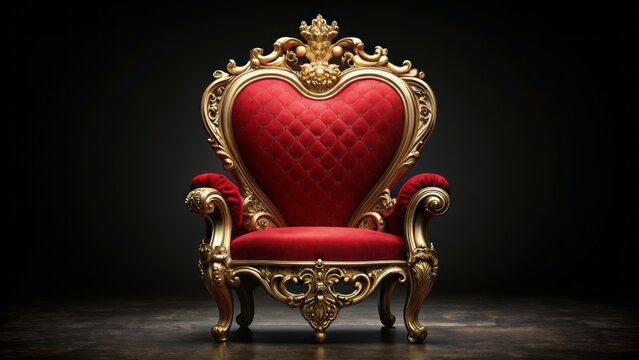 An ornate, gold-trimmed, crimson-red heart-shaped throne, adorned with intricate filigree, sitting upon a rich, velvet-draped, black background.
