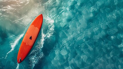 red color surfboard in the ocean. surfboard against the background of the ocean. summer vibe for surfers. copy space. top view