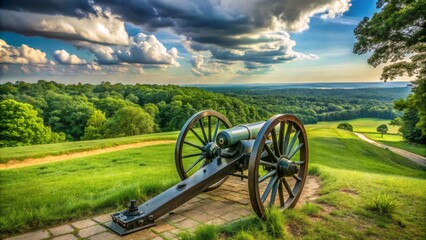 Historic cannon stands alone on elevated 24 Gun Trail at Kennesaw Mountain National Battlefield park's green vast open space.