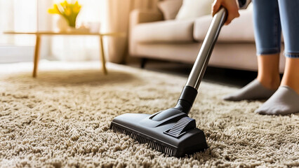 Person vacuuming a carpet in a cozy living room, showcasing a clean and tidy home environment.