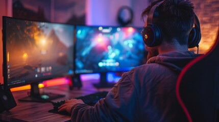 A gamer sits in a lit room, wearing a headset, focused on a video game.
