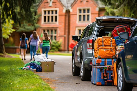 Students moving into a college dorm on campus, unpacking luggage from a car. Bright sunny day with friends ready for a new academic year.