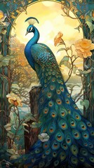 An art nouveau drawing of a peacock on landscape animal bird creativity.