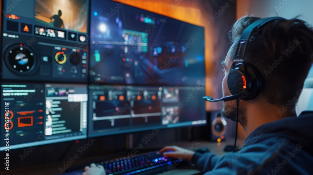 Aufkleber A gamer wearing a headset plays a video game on a multi-monitor setup, focused on the screen and using a keyboard.
