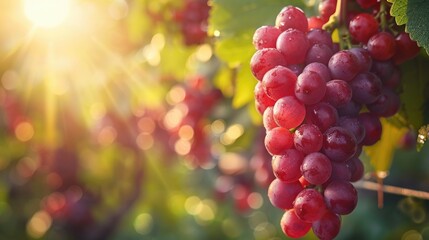 fresh and healthy organic red grape fruit with blurred green natural plantation garden background at agriculture farm.	