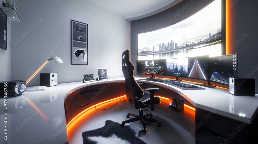 Aufkleber a modern gaming setup with a curved desk and an expansive screen displaying a cityscape. the desk is